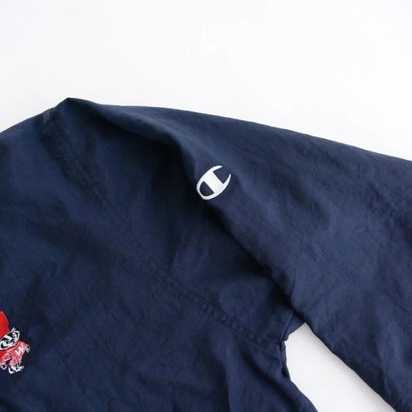 VTG 90S Champion Wisconsin Badgers Navy 100% Nylon Pullover Windbreaker Jacket L - Picture 9 of 12